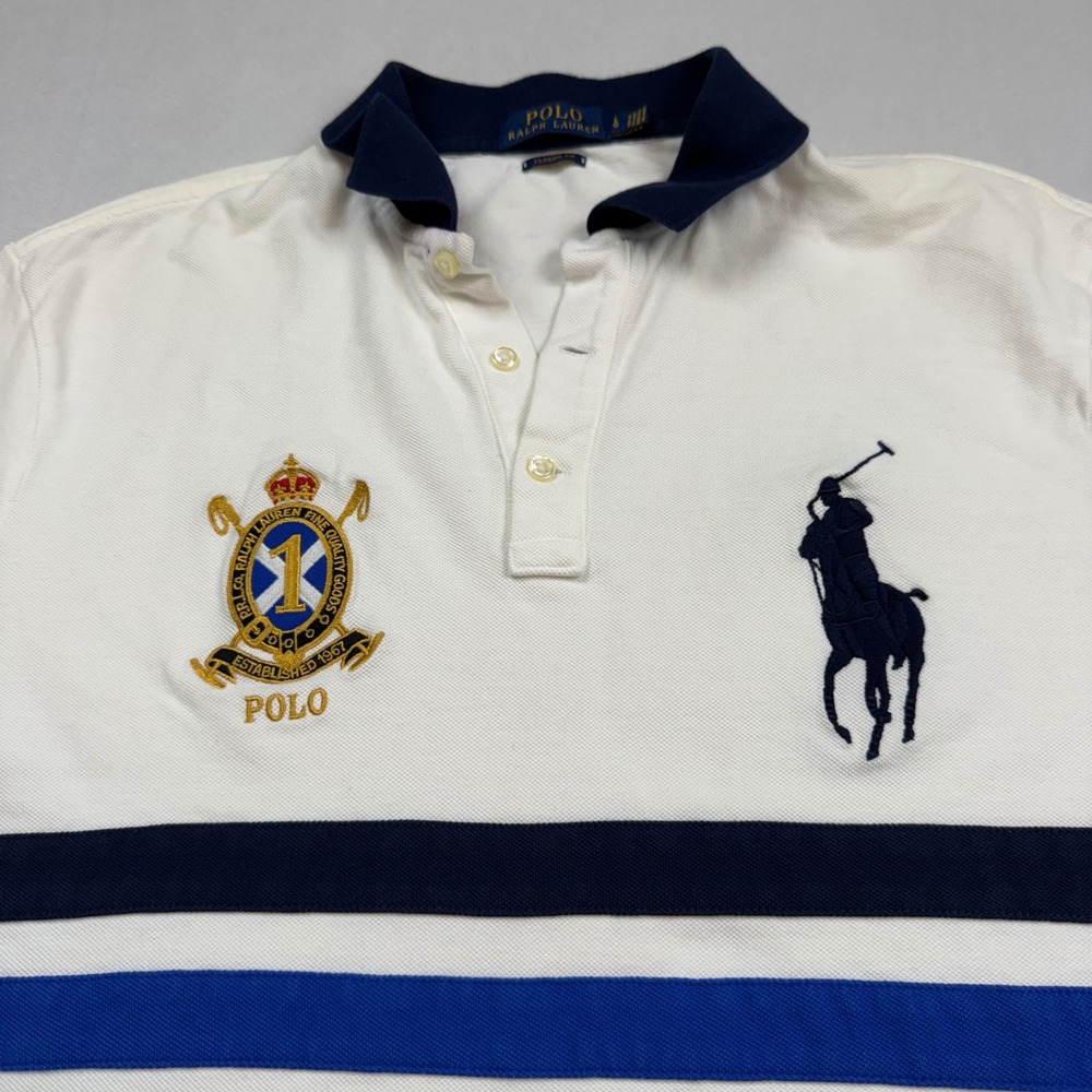 Polo Ralph Lauren Mens Classic Fit Big Pony Crest Stripe Polo Shirt White L - Picture 6 of 8